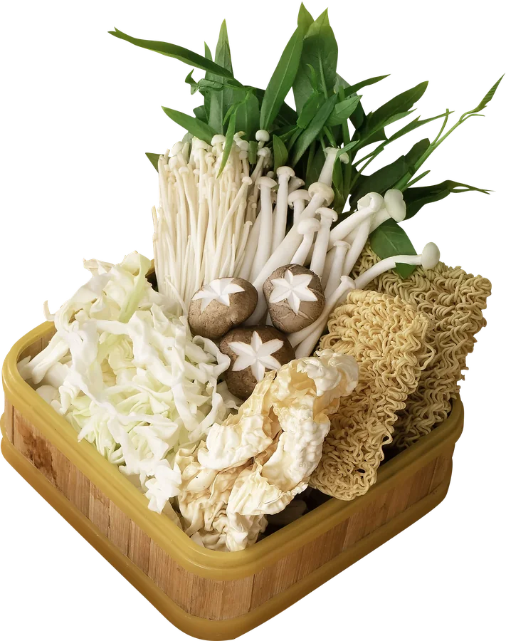 Rau, nấm và mỳ nhúng lẩu